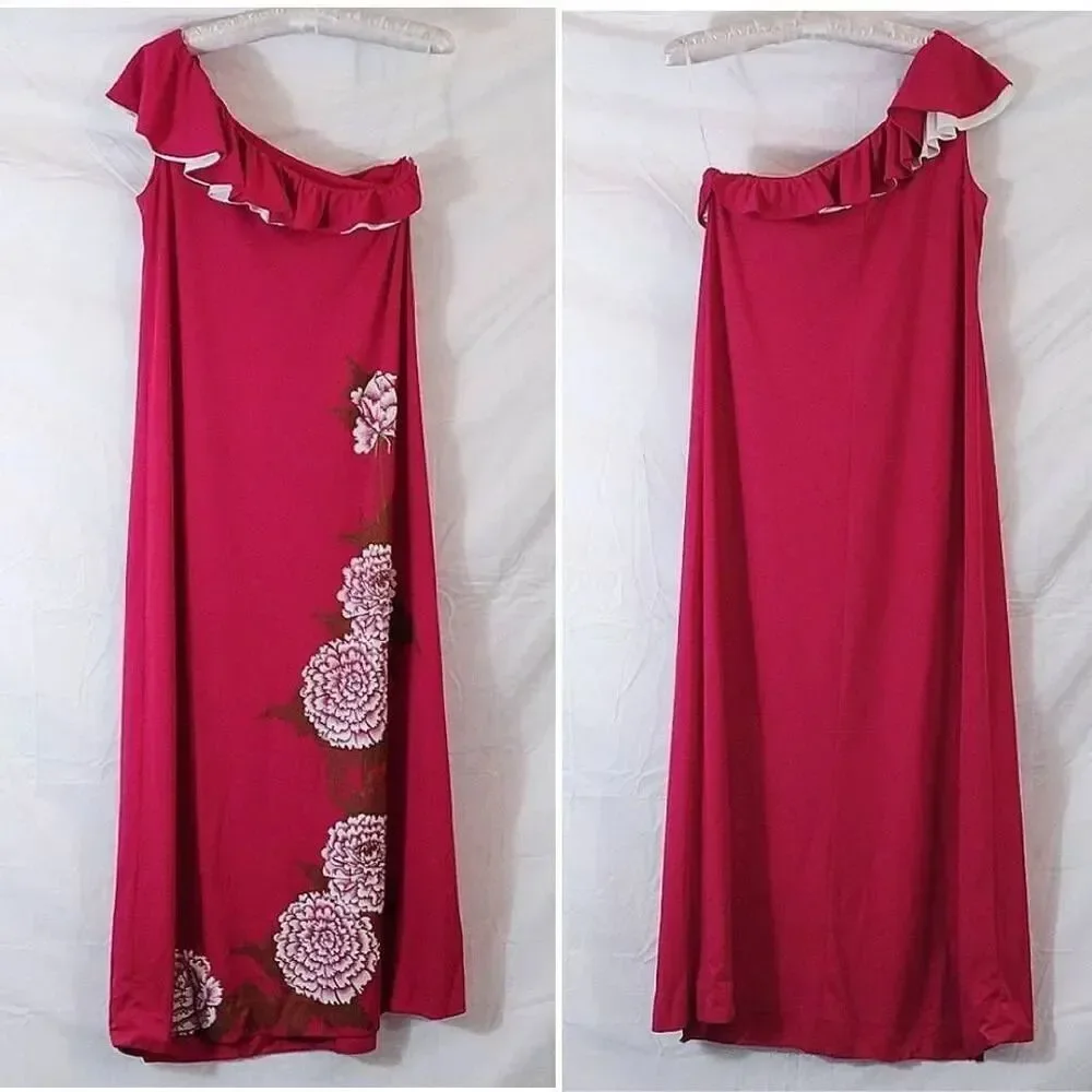 VTG 60s Alfred Shaheen Hand Painted Pink One Shoulder Maxi Dress 10 LG RARE - Picture 3 of 12